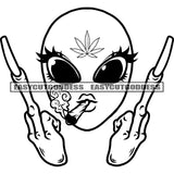 Black And White Alien Smoking Face Alien Showing Middle Finger Big Eyes BW Color Long Nail Vector Design Element Danger Alien SVG JPG PNG Vector Clipart Cricut Silhouette Cut Cutting