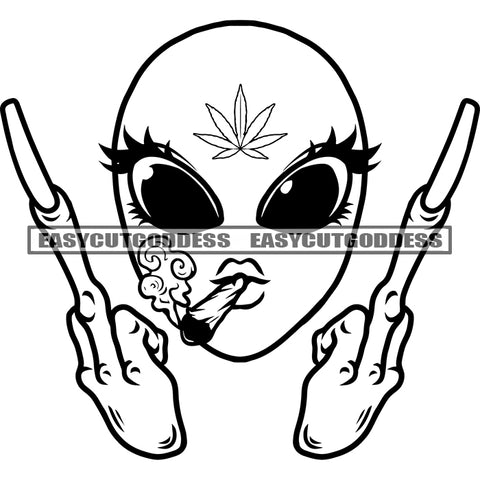 Black And White Alien Smoking Face Alien Showing Middle Finger Big Eyes BW Color Long Nail Vector Design Element Danger Alien SVG JPG PNG Vector Clipart Cricut Silhouette Cut Cutting