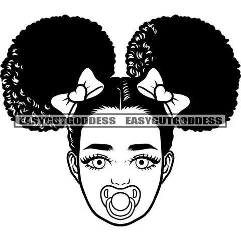 Afro Cute Baby Girl Face Black And White BW Design Element Curly Hairstyle Happy Face Bubble On Mouth Vector Artwork SVG JPG PNG Vector Clipart Cricut Silhouette Cut Cutting