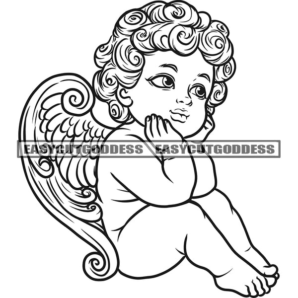 Black And White Cute Cupid Angle Love Heart Wings Afro Baby Angle Curly Hairstyle Design Element White Background Smile Face Funny Baby BW SVG JPG PNG Vector Clipart Cricut Silhouette Cut Cutting