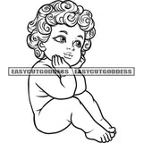 Black And White Cute Cupid Angle Afro Baby Angle Sitting Pose Hand On Face Curly Hairstyle Design Element White Background Smile Face Funny Baby BW SVG JPG PNG Vector Clipart Cricut Silhouette Cut Cutting