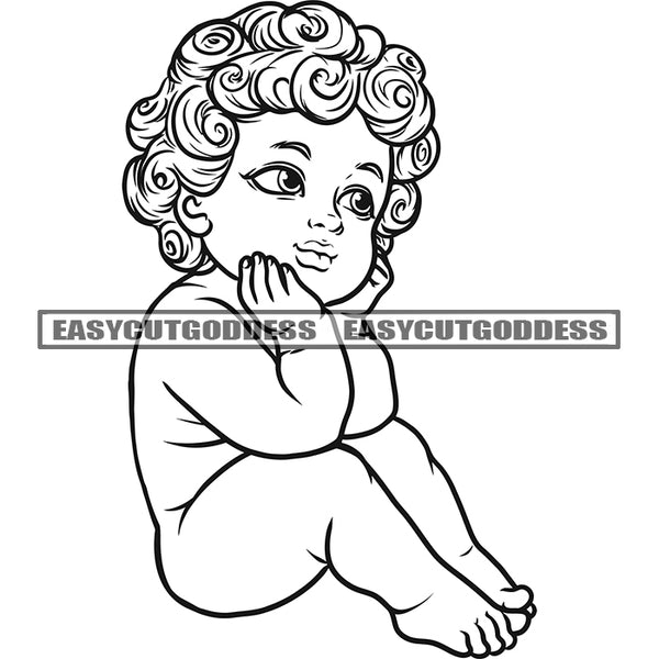 Black And White Cute Cupid Angle Afro Baby Angle Sitting Pose Hand On Face Curly Hairstyle Design Element White Background Smile Face Funny Baby BW SVG JPG PNG Vector Clipart Cricut Silhouette Cut Cutting