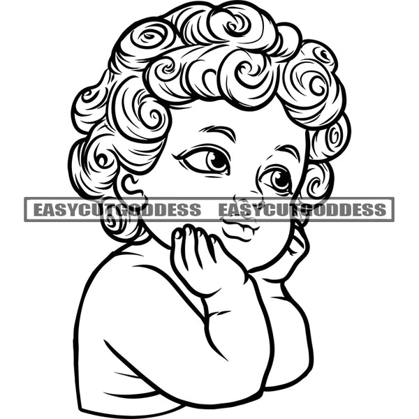 Surprise Angle Baby Black And White Cute Cupid Afro Baby Angle Sitting Pose Hand On Face Curly Hairstyle Design Element White Background Smile Face Funny Baby BW SVG JPG PNG Vector Clipart Cricut Silhouette Cut Cutting