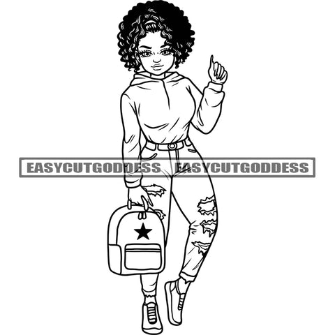 African American Woman Holding Hand Bag Curly Hair Style Afro Woman Standing Black And White Design Element SVG JPG PNG Vector Clipart Cricut Silhouette Cut Cutting