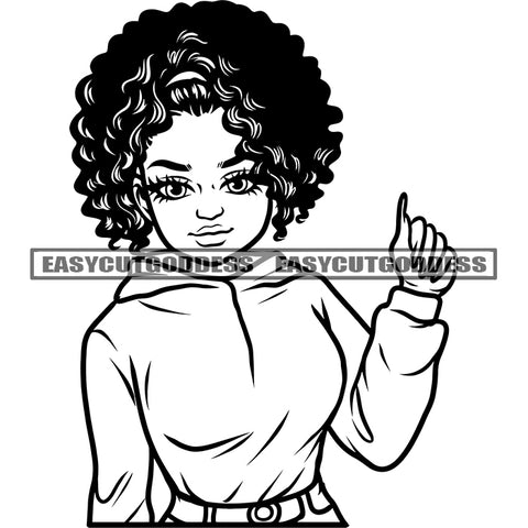 Black And White Afro Woman Curly Hairstyle African American Woman Model Pose Vector BW Cute Face SVG JPG PNG Vector Clipart Cricut Silhouette Cut Cutting