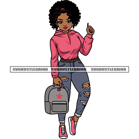 African American Woman Standing And Holding Hand Bag Vector Curly Hairstyle Model Pose Long Nail Cute Face SVG JPG PNG Vector Clipart Cricut Silhouette Cut Cutting