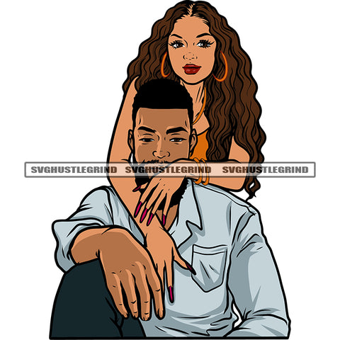 African American Romantic Couple Sitting Pose Wearing Hoop Earing Curly Hair Style Color Design Element Long Nail Vector SVG JPG PNG Vector Clipart Cricut Silhouette Cut Cutting