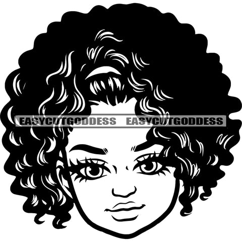 Black And White Afro Girl Cute Face Head Design Element African American Girl Vector Curly Hairstyle Model Pose Long Nail White Background Sexy Pose SVG JPG PNG Vector Clipart Cricut Silhouette Cut Cutting