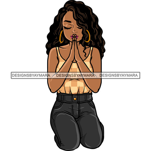 Afro Girl Hard Praying Hand Curly Hairstyle Wearing Hoop Earing Vector African American Woman Sitting Pose White Background Close Eyes SVG JPG PNG Vector Clipart Cricut Silhouette Cut Cutting