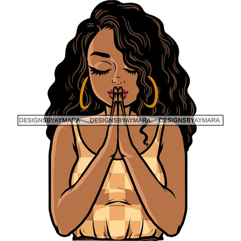 Afro Girl Hard Praying Hand Curly Hairstyle Wearing Hoop Earing Vector African American Woman Half Body Sexy Pose White Background Close Eyes SVG JPG PNG Vector Clipart Cricut Silhouette Cut Cutting