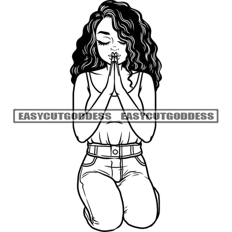 Black And White Afro Girl Hard Praying Hand Curly Hairstyle Wearing Hoop Earing Vector African American Woman Sitting Pose Close Eyes SVG JPG PNG Vector Clipart Cricut Silhouette Cut Cutting