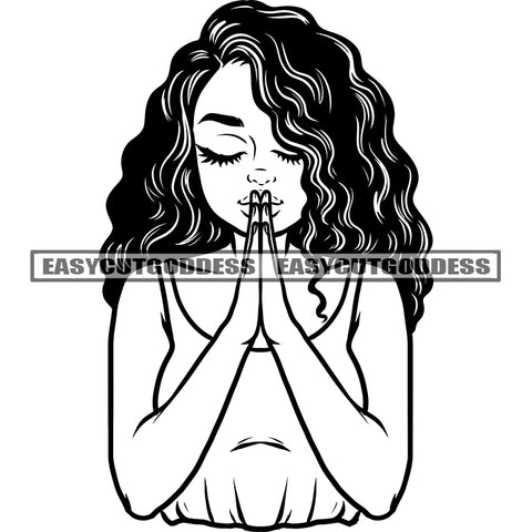 Black And White Afro Girl Hard Praying Hand Curly Hairstyle Wearing Hoop Earing Vector African American Woman Half Body Sexy Pose BW Close Eyes SVG JPG PNG Vector Clipart Cricut Silhouette Cut Cutting