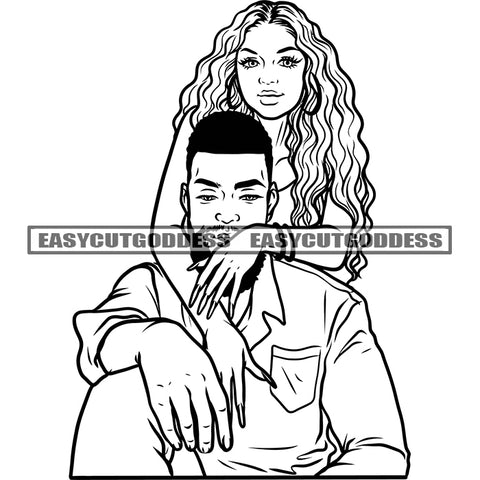 Black And White African American Romantic Couple Sitting Pose Wearing Hoop Earing Curly Hair Style Hug Design Element Long Nail Vector SVG JPG PNG Vector Clipart Cricut Silhouette Cut Cutting