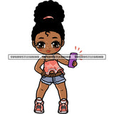 Afro Baby Girl Holding Phone Selfie Pose Curly Hairstyle African American Cute Baby Face Girl Standing Pose Design Element SVG JPG PNG Vector Clipart Cricut Silhouette Cut Cutting