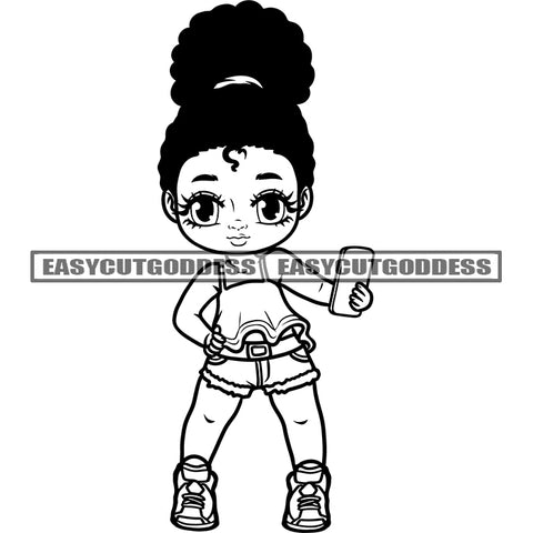 Black And White Afro Baby Girl Holding Phone Selfie Pose Curly Hairstyle African American Cute Baby Face Girl Standing Pose Design Element SVG JPG PNG Vector Clipart Cricut Silhouette Cut Cutting