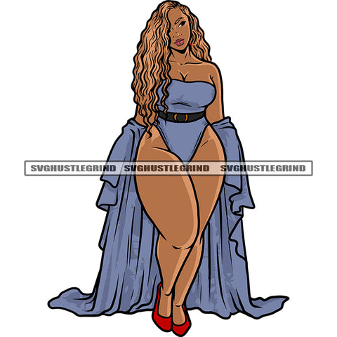 Curvy Latina Woman Wearing Bikini Curly Hairstyle Plus Size Woman Model African American Gold Color Hair Sexy Lady Summer Pose Design Element SVG JPG PNG Vector Clipart Cricut Silhouette Cut Cutting