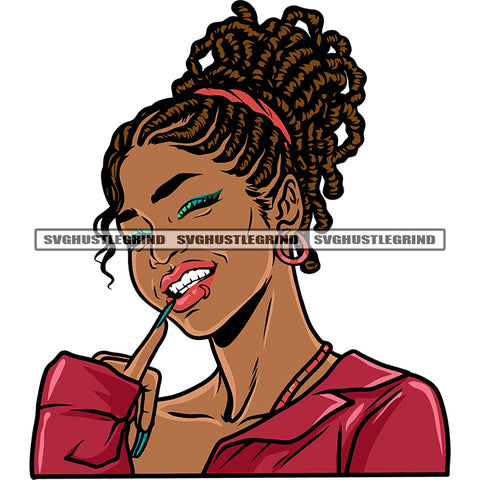 Afro Woman Bite Nail On Teeth Locus Hairstyle Long Nail Color Design Element Smile Face Vector Happy Life African American Woman Face SVG JPG PNG Vector Clipart Cricut Silhouette Cut Cutting