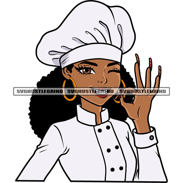 African American Chef Woman Ok Hand Sign Color Design Element Curly Hair Style Afro Woman Happy Face Wearing Hoop Earing Long Nail SVG JPG PNG Vector Clipart Cricut Silhouette Cut Cutting