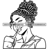 Black And White Afro Woman Bite Nail On Teeth Locus Hairstyle Long Nail Design Element Smile Face Vector Happy Life African American Woman Face BW SVG JPG PNG Vector Clipart Cricut Silhouette Cut Cutting