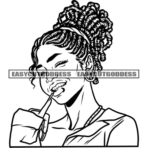 Black And White Afro Woman Bite Nail On Teeth Locus Hairstyle Long Nail Design Element Smile Face Vector Happy Life African American Woman Face BW SVG JPG PNG Vector Clipart Cricut Silhouette Cut Cutting