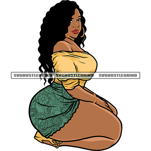 Afro Woman Sitting Wearing Hoop Earing Curly Long Hairstyle Wearing Sexy Dress Plus Size Woman African American Fat Woman SVG JPG PNG Vector Clipart Cricut Silhouette Cut Cutting