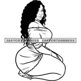 Black And White Afro Woman Sitting Wearing Hoop Earing Curly Long Hairstyle Wearing Sexy Dress Plus Size Woman African American Fat Woman BW SVG JPG PNG Vector Clipart Cricut Silhouette Cut Cutting