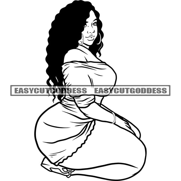 Black And White Afro Woman Sitting Wearing Hoop Earing Curly Long Hairstyle Wearing Sexy Dress Plus Size Woman African American Fat Woman BW SVG JPG PNG Vector Clipart Cricut Silhouette Cut Cutting