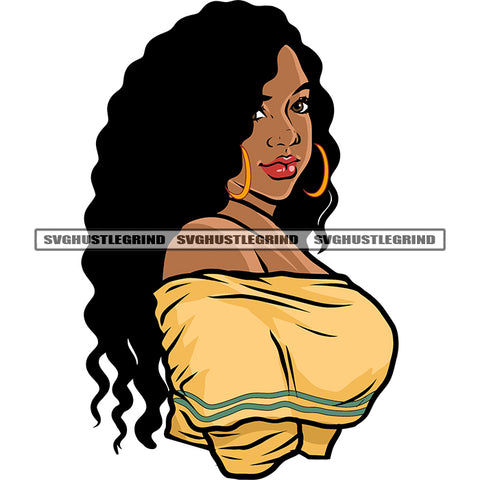 Afro Woman Face Side Pose Artwork Wearing Hoop Earing Curly Long Hairstyle Wearing Sexy Dress Plus Size Woman African American Fat Woman SVG JPG PNG Vector Clipart Cricut Silhouette Cut Cutting