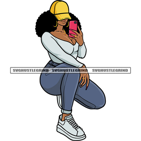 Afro Woman Sitting Take Selfie Pose Wearing Cap Curly Hairstyle Vector White Background African American Sexy Woman SVG JPG PNG Vector Clipart Cricut Silhouette Cut Cutting