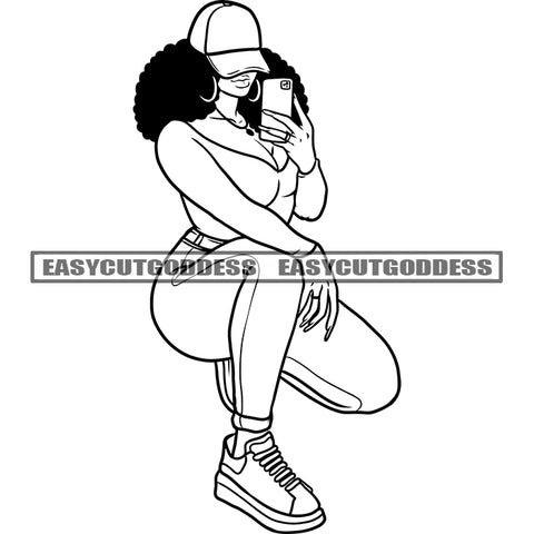 Black And White Afro Woman Sitting Take Selfie Pose Wearing Cap Curly Hairstyle Vector African American Sexy Woman BW SVG JPG PNG Vector Clipart Cricut Silhouette Cut Cutting