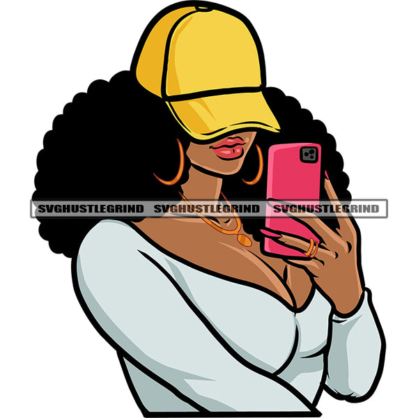 Afro Woman Take Selfie Pose Side Face Wearing Cap Curly Hairstyle Vector White Background African American Sexy Woman SVG JPG PNG Vector Clipart Cricut Silhouette Cut Cutting