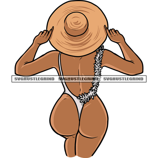 Afro Sexy Woman Standing And Wearing Hat Topless Girl On Beach Swimsuit Flower Chain Design Element White Background Sexy Pose Vector SVG JPG PNG Vector Clipart Cricut Silhouette Cut Cutting