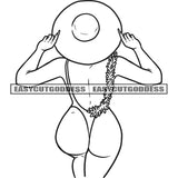 Black And White Afro Sexy Woman Standing And Wearing Hat Topless Girl On Beach Swimsuit Flower Chain Design Element BW Sexy Pose Vector SVG JPG PNG Vector Clipart Cricut Silhouette Cut Cutting