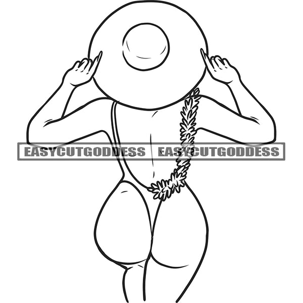 Black And White Afro Sexy Woman Standing And Wearing Hat Topless Girl On Beach Swimsuit Flower Chain Design Element BW Sexy Pose Vector SVG JPG PNG Vector Clipart Cricut Silhouette Cut Cutting