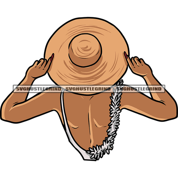 African American Sexy Woman Wearing Hat Long Nail Artwork Topless Girl On Beach Swimsuit Flower Chain Design Element BW Sexy Pose Vector SVG JPG PNG Vector Clipart Cricut Silhouette Cut Cutting