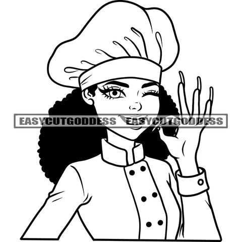 Black And White African American Chef Woman Ok Hand Sign BW Design Element Curly Hair Style Afro Woman Happy Face Wearing Hoop Earing Long Nail SVG JPG PNG Vector Clipart Cricut Silhouette Cut Cutting