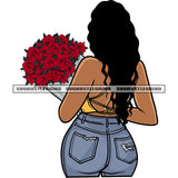 Afro Woman Hand Holding Rose Flower Bukey Curly Hair Style Wearing Bikini Vector Design Element African American Woman Backside Sexy Pose SVG JPG PNG Vector Clipart Cricut Silhouette Cut Cutting