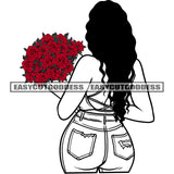 Black And White Afro Woman Hand Holding Rose Flower Bukey Curly Hair Style Wearing Bikini Vector Design Element African American Woman Backside Sexy Pose SVG JPG PNG Vector Clipart Cricut Silhouette Cut Cutting