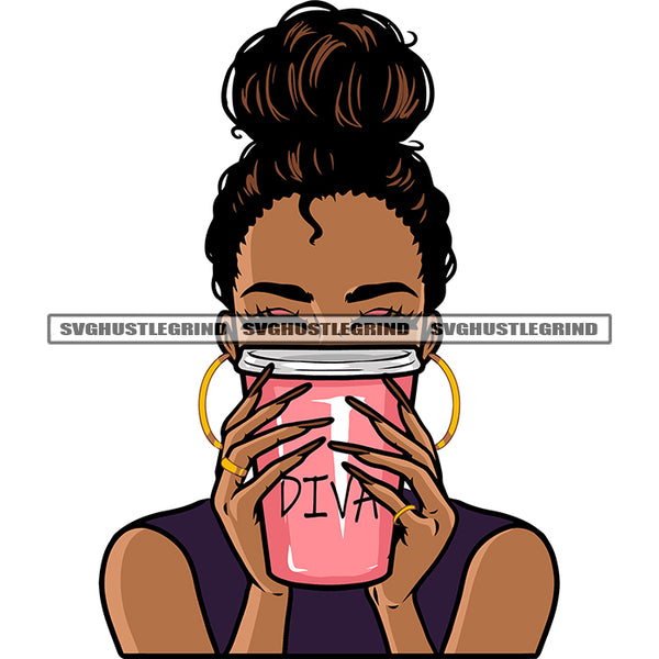 Afro Woman Holding Coffee Mug Curly Hairstyle Wearing Hoop Earing Vector African American Woman Hide Face Design Element SVG JPG PNG Vector Clipart Cricut Silhouette Cut Cutting