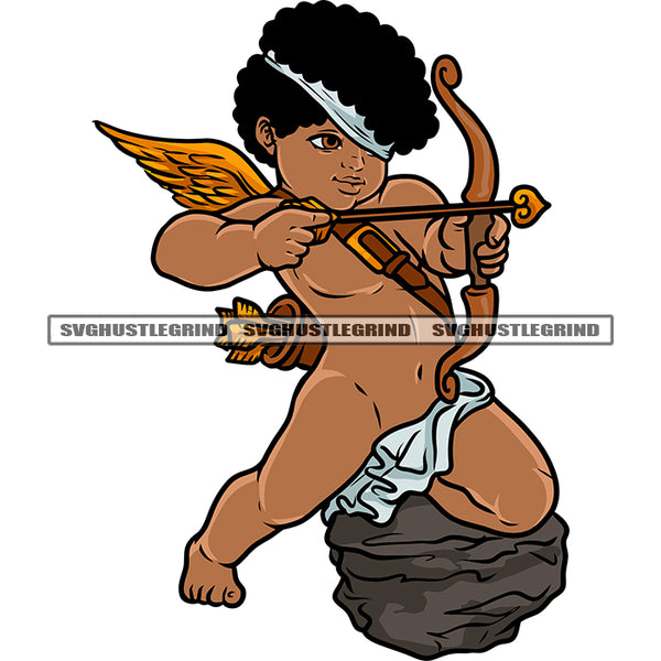 Afro Baby Angle Holding Crossbow Angle Standing On Stone Curly Hairstyle Vector Design Element Happy Face Peach Sign SVG JPG PNG Vector Clipart Cricut Silhouette Cut Cutting