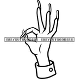 Ok Hand Sign Woman Hand Sign Long Nail Design Element Black And White Color BW Sexy Woman Hand SVG JPG PNG Vector Clipart Cricut Silhouette Cut Cutting