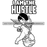 I Am The Hustle Afro Baby Angle Holding Crossbow Angle Black And White Standing On Stone Curly Hairstyle Vector Design Element Happy Face Peach Sign SVG JPG PNG Vector Clipart Cricut Silhouette Cut Cutting