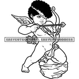 Black And White Afro Baby Angle Holding Crossbow Angle Standing On Stone Curly Hairstyle Vector Design Element Happy Face Peach Sign BW SVG JPG PNG Vector Clipart Cricut Silhouette Cut Cutting