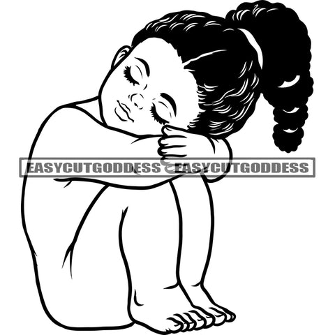 Black And White Afro Baby Angle Sitting Sleep Pose Angle Face Curly Hair Style African American Cute Angle Close Eyes SVG JPG PNG Vector Clipart Cricut Silhouette Cut Cutting