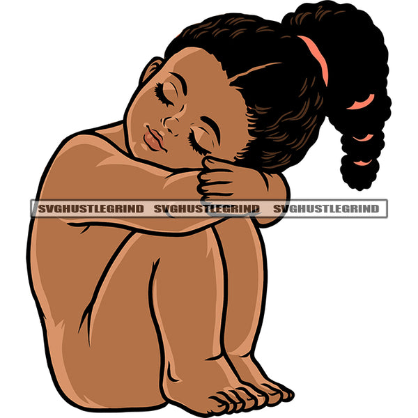 Naked Afro Baby Angle Sitting Sleep Pose Angle Face Curly Hair Style African American Cute Angle Close Eyes White Background SVG JPG PNG Vector Clipart Cricut Silhouette Cut Cutting