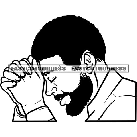 Black And White Afro Black Man Praying Pose African American Man Hard Praying Curly Hairstyle Thinking Shock Person Design Element Close Eye Man Side Look SVG JPG PNG Vector Clipart Cricut Silhouette Cut Cutting