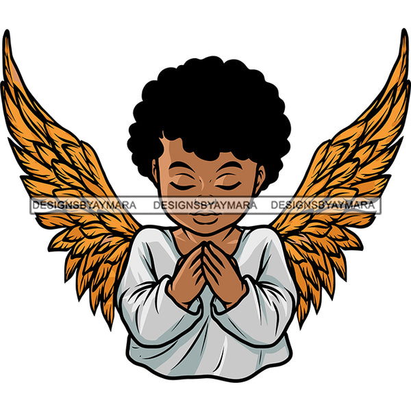 Baby Boy Praying Hand Afro Boy Wings Curly Hairstyle Close Eyes Design Element Happy Face White Background SVG JPG PNG Vector Clipart Cricut Silhouette Cut Cutting