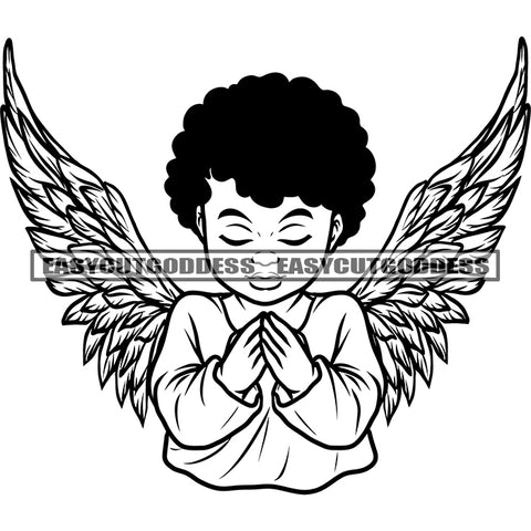 Black And White Baby Boy Praying Hand Afro Boy Wings Curly Hairstyle Close Eyes Design Element Happy Face BW SVG JPG PNG Vector Clipart Cricut Silhouette Cut Cutting