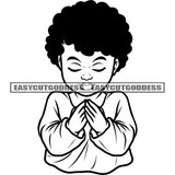 Black And White Baby Boy Praying Hand Afro Boy Curly Hairstyle Close Eyes Design Element Happy Face BW SVG JPG PNG Vector Clipart Cricut Silhouette Cut Cutting