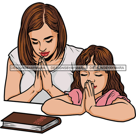 Hard Praying Hand  Mom And Daughter Praying Hand On Table Close Eyes Happy Family Bible Book On Table SVG JPG PNG Vector Clipart Cricut Silhouette Cut Cutting